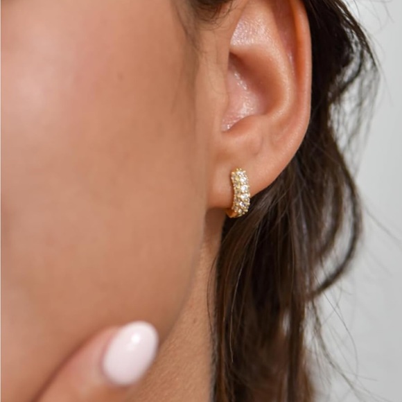 Triple Pavé Huggie Hoops | 18K Gold Vermeil | 14mm CZ - Picture 9 of 11